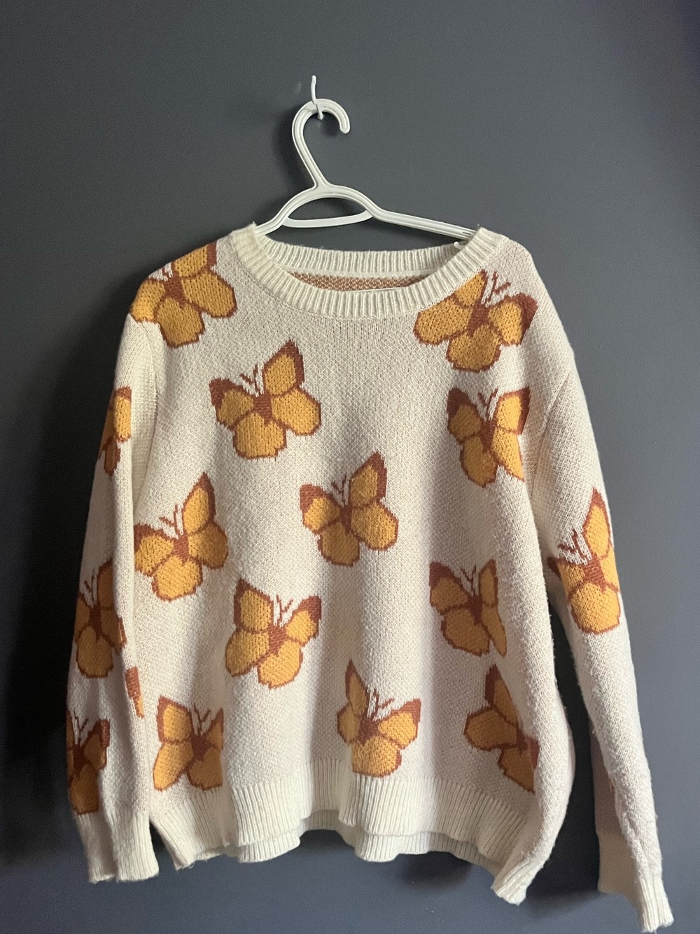 Cream Crewneck Sweater with Mustard Butterfly Intarsia